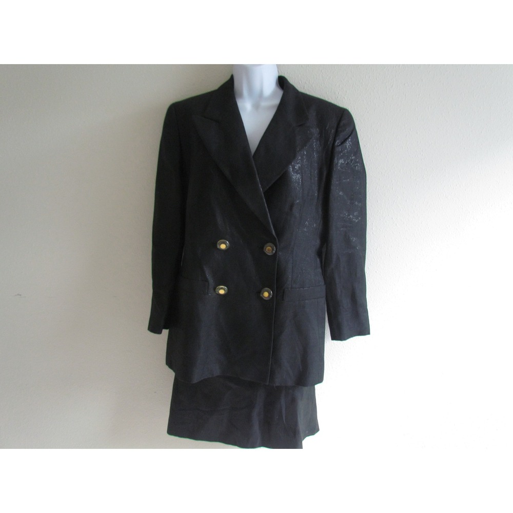 Escada Margaretha Ley Skirt Suit 40 Black Metallic Linen Blend Double Breasted